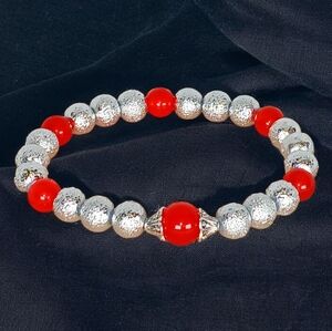 Red Jade & Silver Metallic Beaded Bracelet Y2K Soft Goth Office Siren Corpcore